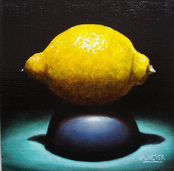 Lemon on piedestal, still life in chiaroscuro framed, 10x10 cm