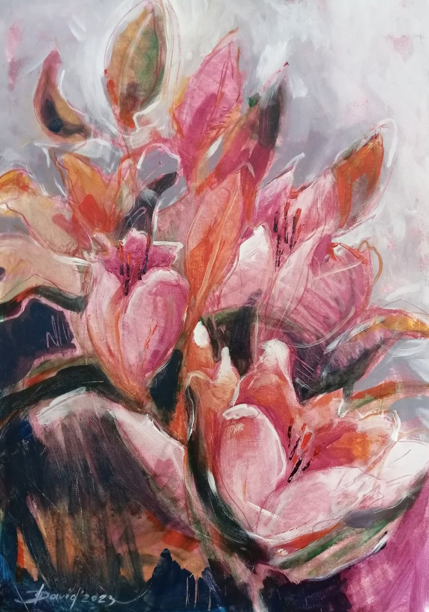 Impressionistic Still Life Acrylic Painting By Olga David, 16 X 24", Delicate Elegance, Original Artwork