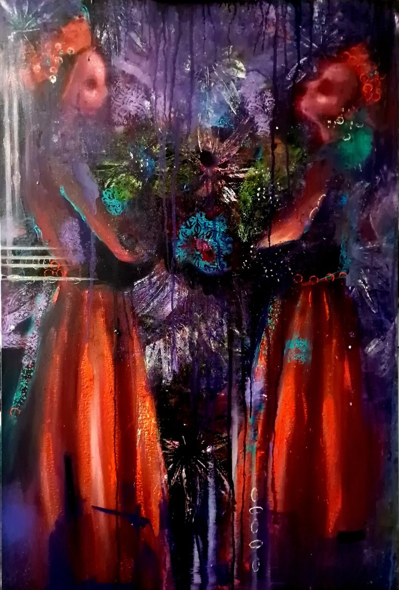 Expressive Portrait Oil Painting By Leezee Lee ( Georgiana L. Nicolae), 24 X 36", Sisters, Original Artwork