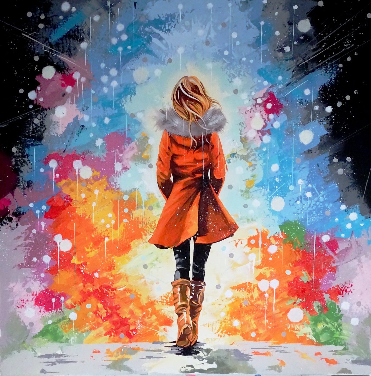 Impressionistic Portrait Acrylic Painting By Livien Rozen, 28 X 28", Winter Snowfall, Original Artwork