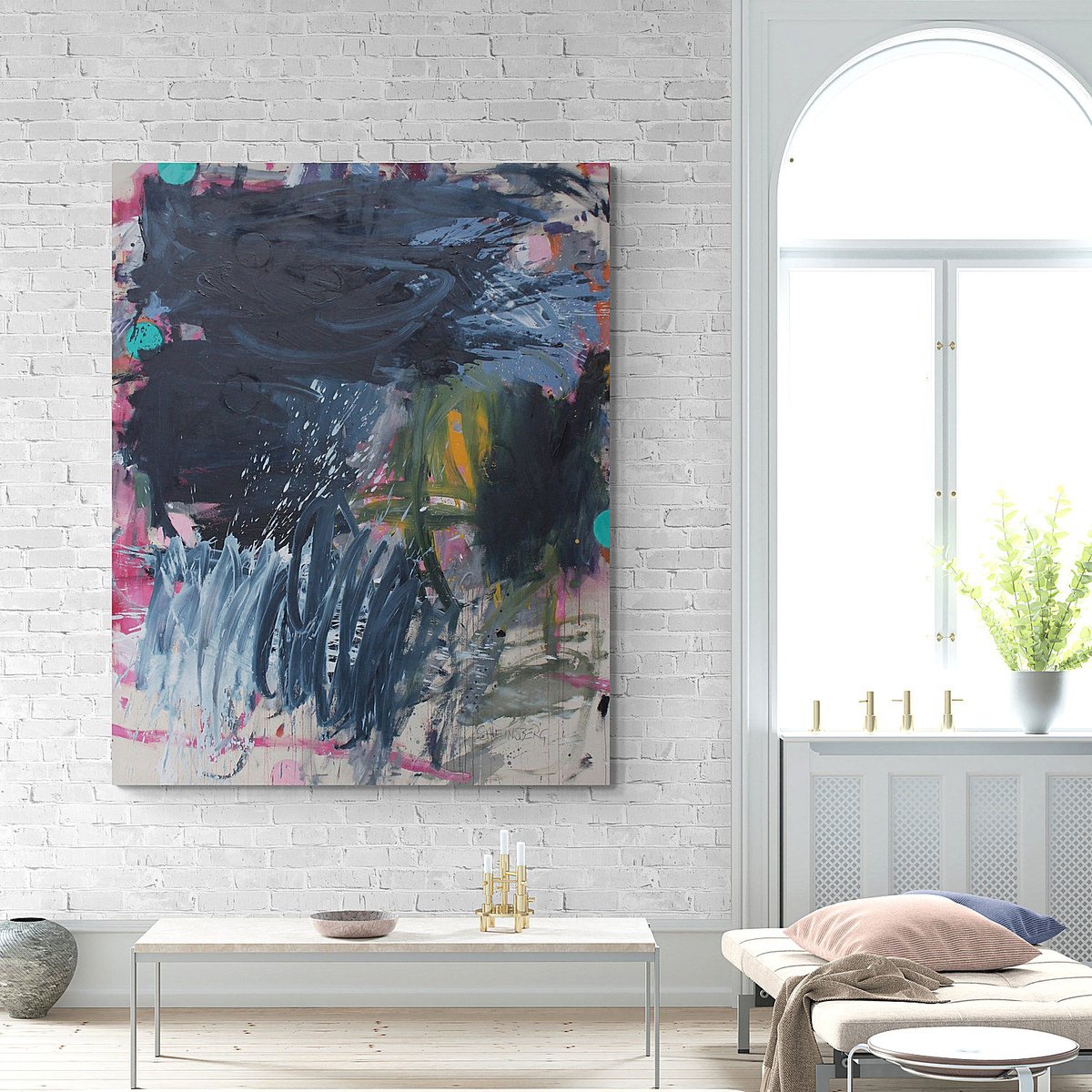 Expressive Abstract Painting By Daniela Schweinsberg, 63 X 79, Polka Dots Pink, Original Artwork