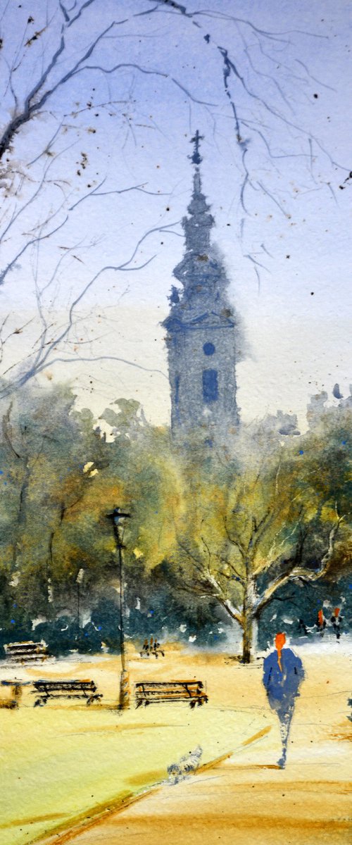 Saborna i Kalemegdan Beograd 17x36 cm 2020 by Nenad Kojić watercolorist