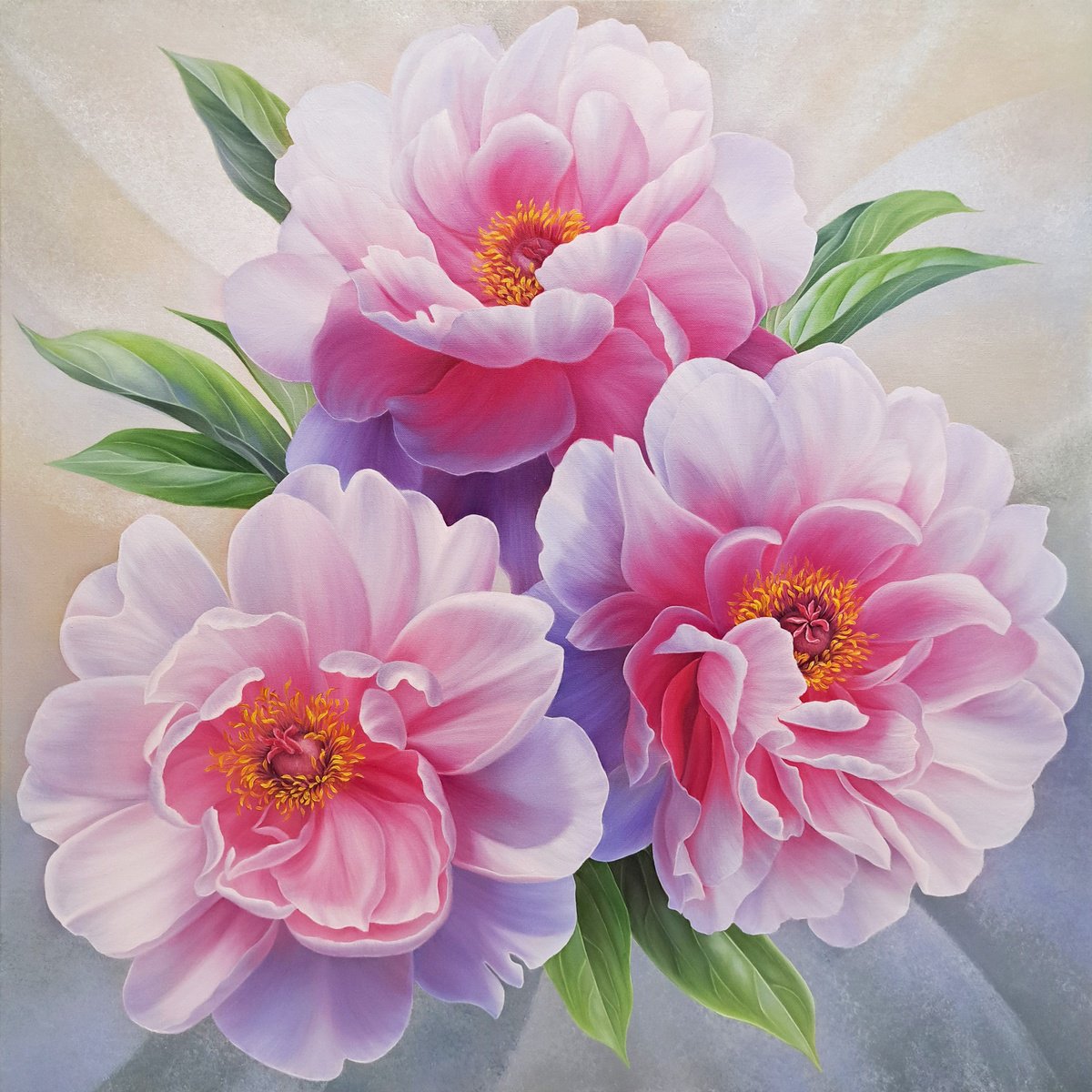 Photorealistic Botanical Oil Painting By Anna Steshenko, 33 X 33, Melody Of Peonies, Original Artwork