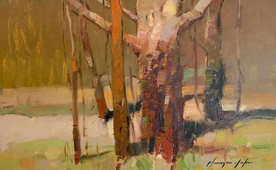 Red Trees, Landscape, Original oil painting, One of a kind Signed