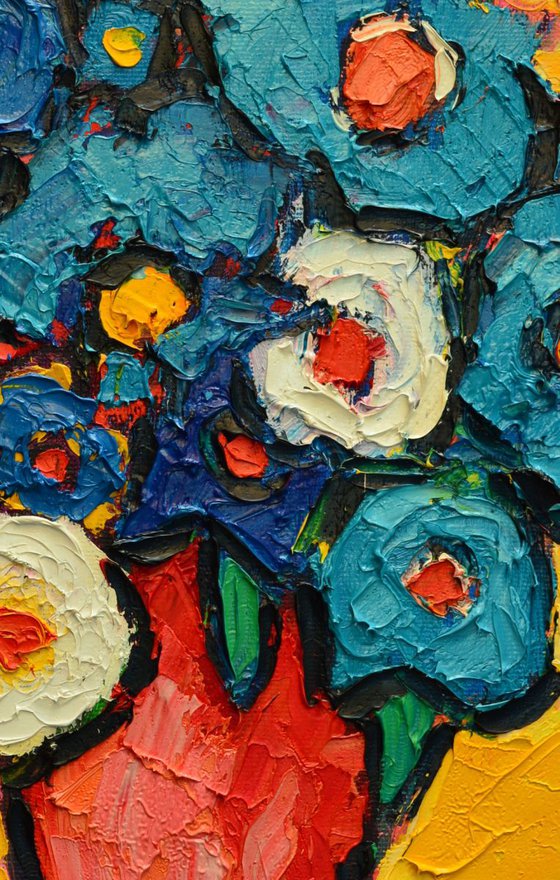 ABSTRACT BLUE POPPIES ON YELLOW