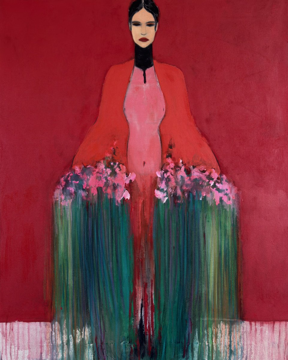 Abstract Portrait Acrylic Painting By Gela Mikava, 31 X 39, The Girl With Bouquet, Original Artwork