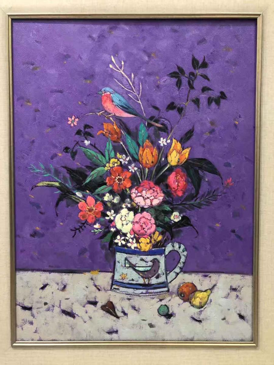 Impressionistic Botanical Oil Painting By Kunlong Wang, 24 X 31", Still Life Oil Painting:floral And Birdie, Original Artwork