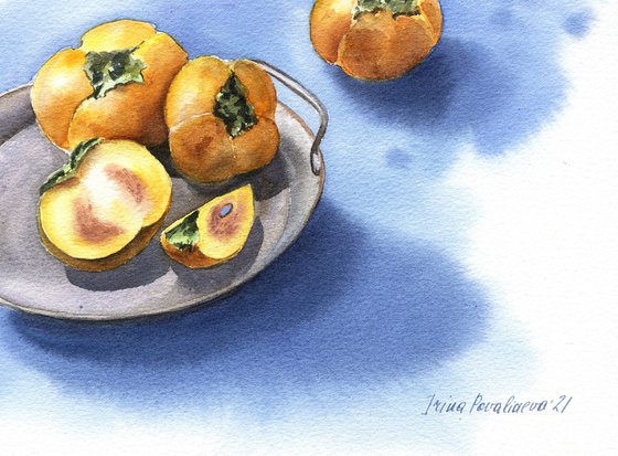 Orange fruit in blue original watercolor painting medium format, kitchen art, farmhouse decor