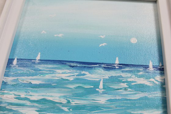 Seaside View (with sails) - acrylic painting with a frame