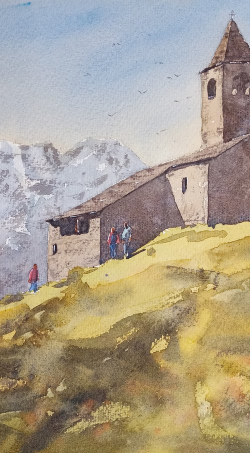 Hikers at the Church of Saint Romerio, Swiss by Tollo Pozzi