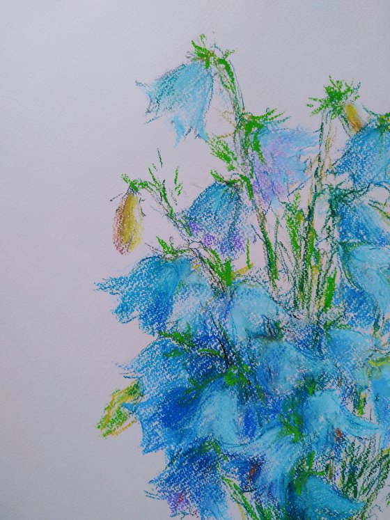 Bluebells flowers. Pastel drawing on bluish paper. 48х65