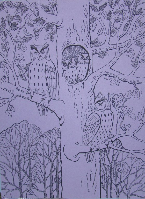 Owls in the forest. Original ink.
