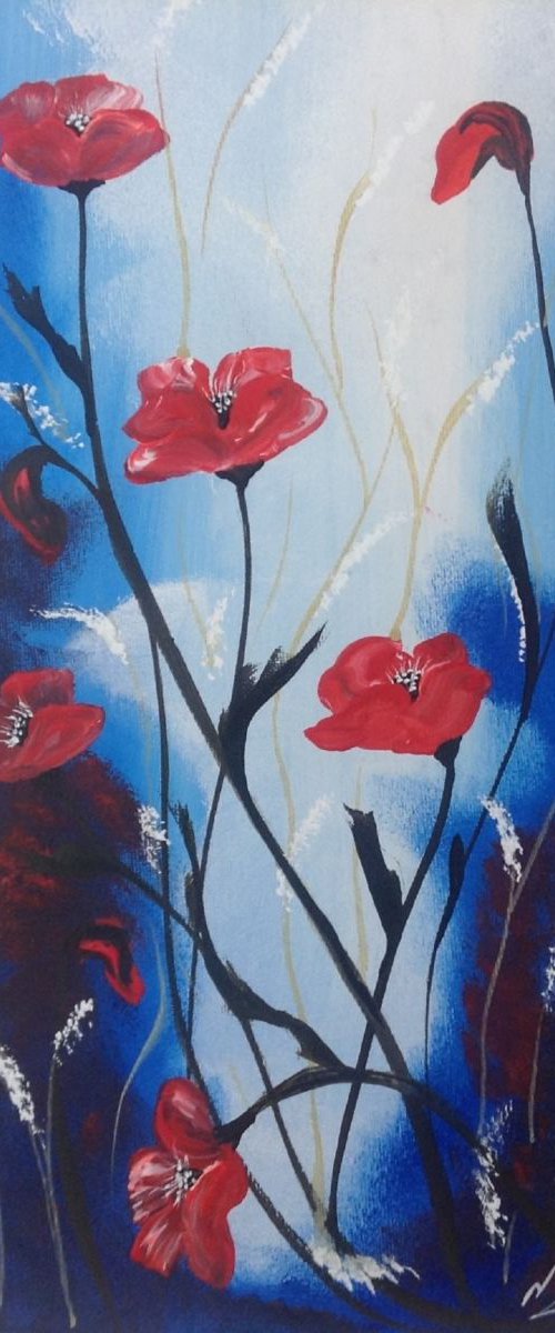Red Poppies against a blue sky by Marja Brown
