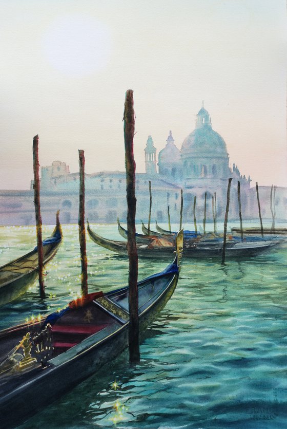 Canal Grande Venice Italy - Gondolas -  sunrise - Santa Maria della Salute