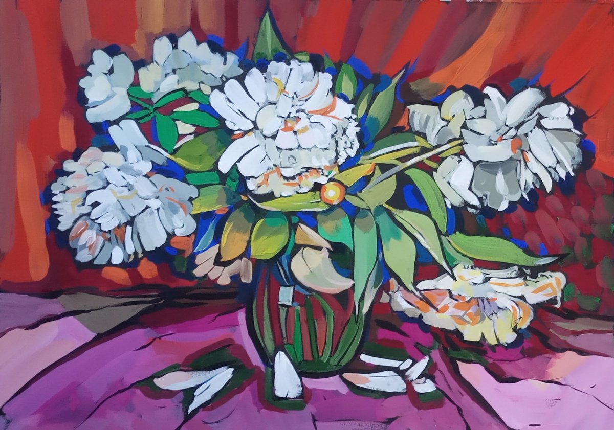 Impressionistic Botanical Painting By Valentina Kachina, 28 X 20", White Peonies, Original Artwork