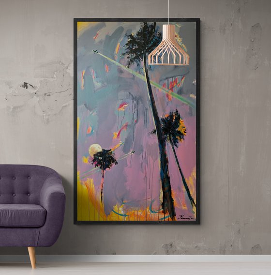 XL Big artwork - "Flight to Miami" - Pop Art - Huge painting - Palm - Street Art - Expressionism - Sunset