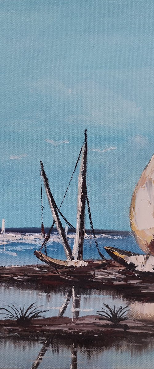Boat, original sea ocean oil painting, impressionistic art, gift idea by Nataliia Plakhotnyk