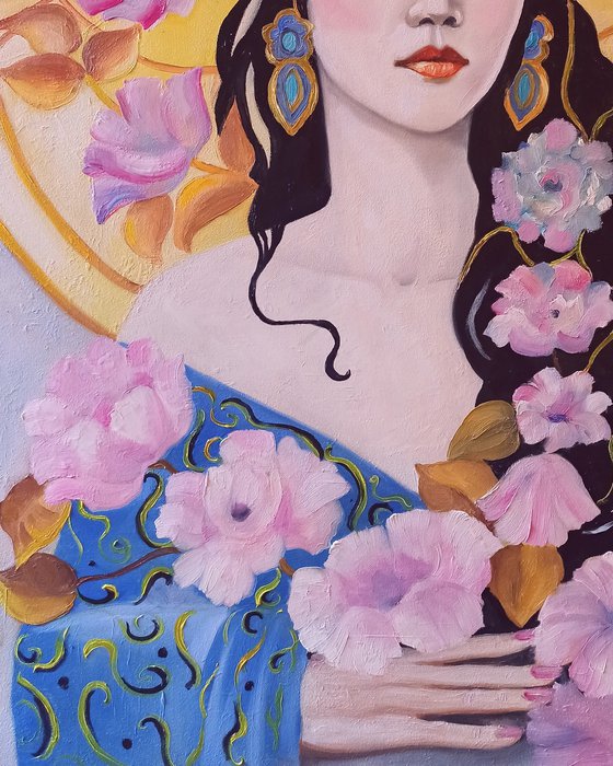 Geisha with pink flowers