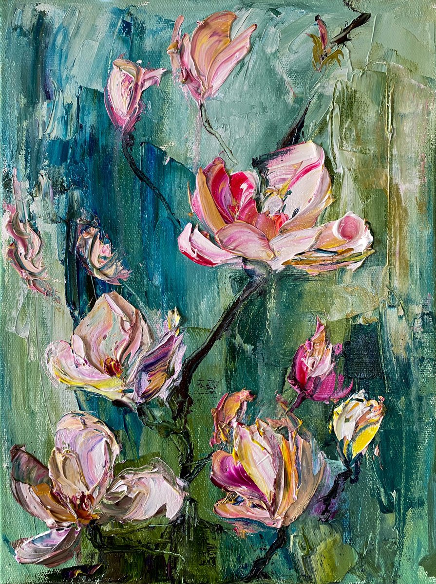 Impressionistic Botanical Oil Painting By Mily Art, 12 X 16", Magnolia Blossom Oil Art, Original Artwork
