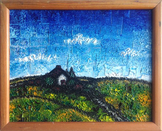 "My Secret Cottage" - Original PMS Micro Painting on Glass, Framed - 11" x 9"