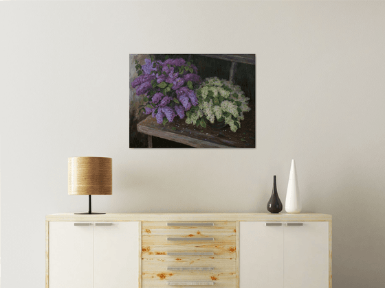 Lush Bouquets Of Lilacs On The Bench In The Garden - original floral spring oil painting on canvas