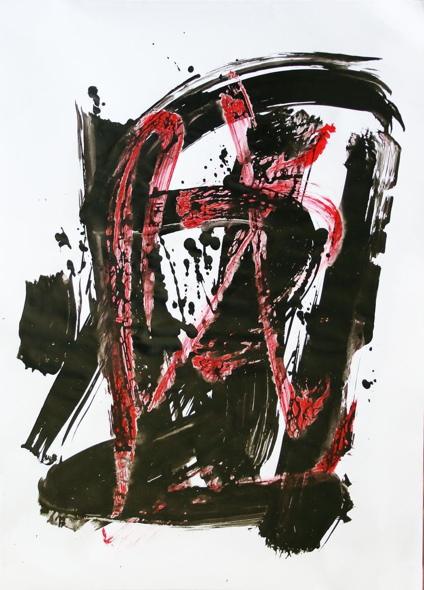 Expressive Abstract Ink Drawing By Salana Art / Svetlana Samovarova, 18 X 25", Black & Red V, Original Artwork