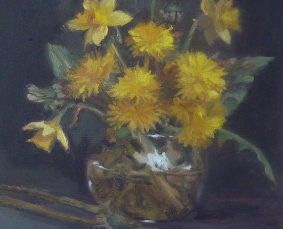 Still life with daffodils and dandelions