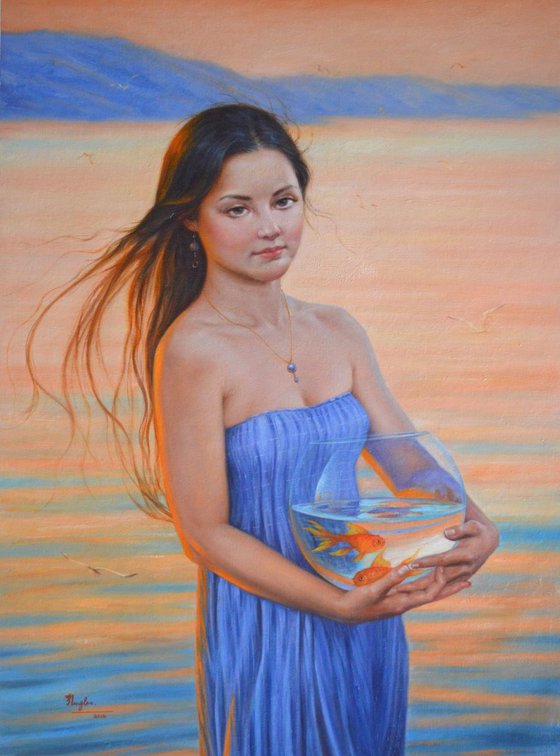 OIL PAINTING ART PORTRAIT OF GIRL IN SEASIDE RED FISH#11-12-03