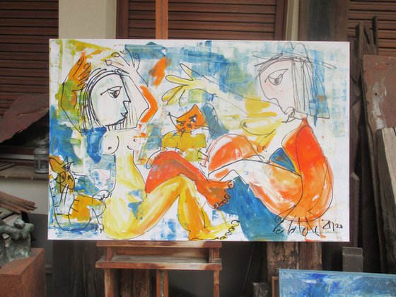 girls with cats xl Acrylpainting 31,4 x 47,3 inch