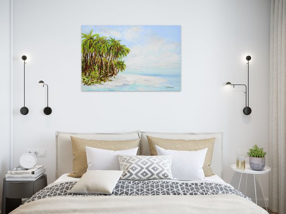 Large Abstract Seascape Painting. Palm trees. Beach, Ocean, Waves, Sky with Clouds, Sailboats, Sailing, Yacht.