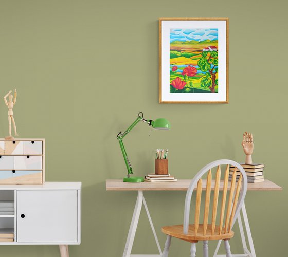 Spring country landscape with poppies