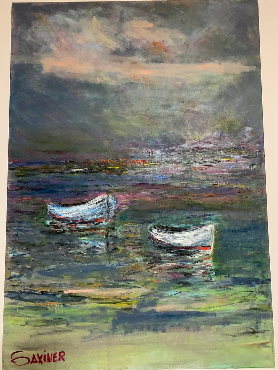 Expressive Landscape Oil Painting By Leo Baxiner, 28 X 39", Stormy Seas, Original Artwork