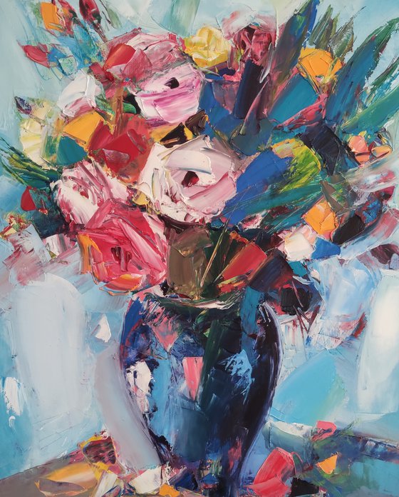 Colorful roses-2 (60x70cm, oil painting, ready to hang)