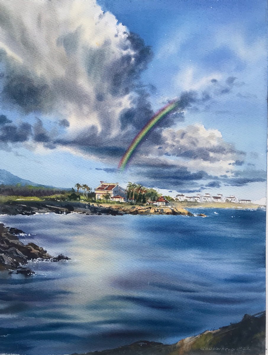 Impressionistic Landscape Watercolour By Eugenia Gorbacheva, 12 X 16, Sea Coast Of Cyprus Rainbow #2, Original Artwork