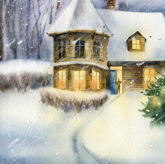 Waiting for guests. Cozy cottage with a decorated Christmas tree in the yard. Watercolor artwork.