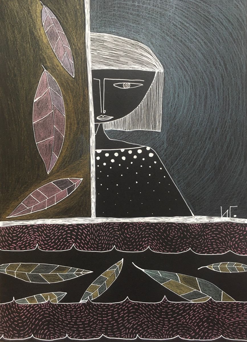 Naive Portrait Drawing By Irina Goleva, 8 X 11, Before Winter, Original Artwork