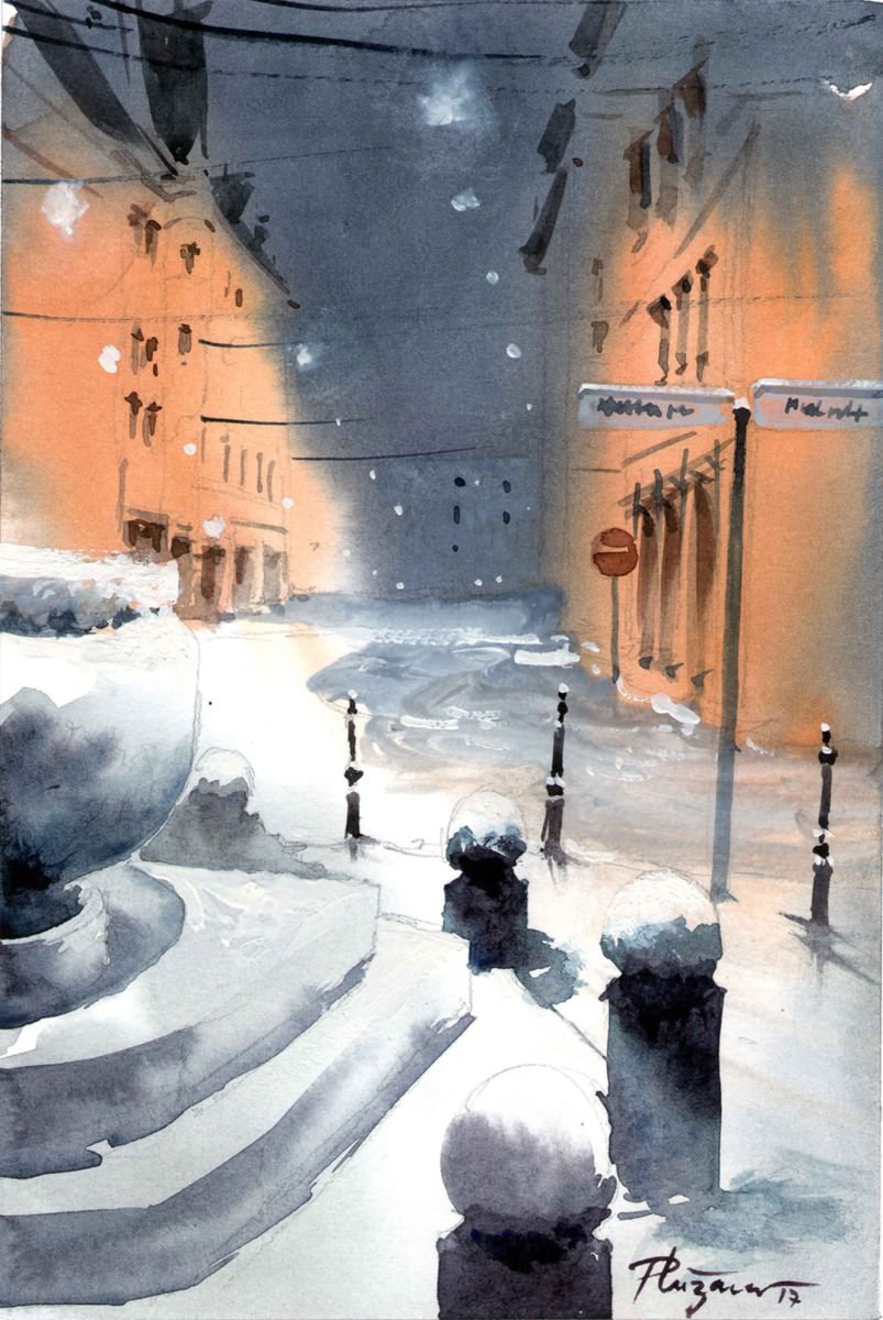 Stritarjeva snowy street in Ljubljana by Milan Pluzarev