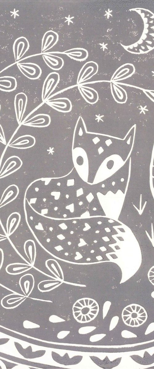 Daniel Fox in grey, limited edition scandinavian folk art linocut print by Katie Farrell