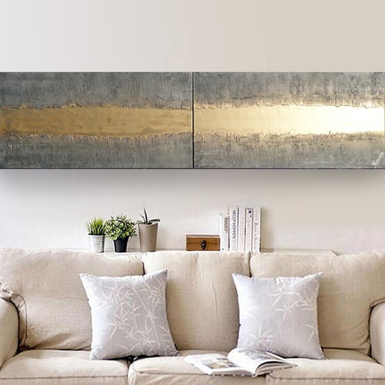 gold stripe & steel long painting A719 50x200x2 cm decor Vertical original abstract art Large paintings stretched canvas acrylic art industrial metallic textured wall art