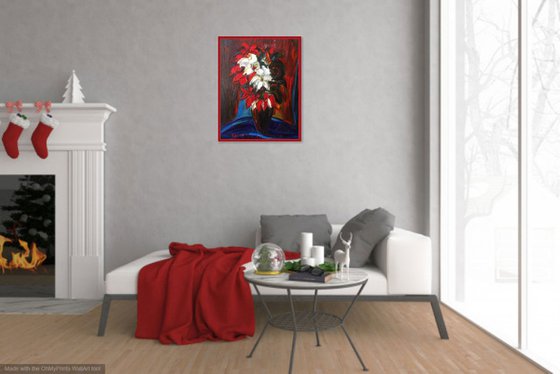 BOUQUET - still life with flowers,  red black blue, floral art,  original oil painting, winter flowers,  impressionism art office interior home decore, small size gift 70x55