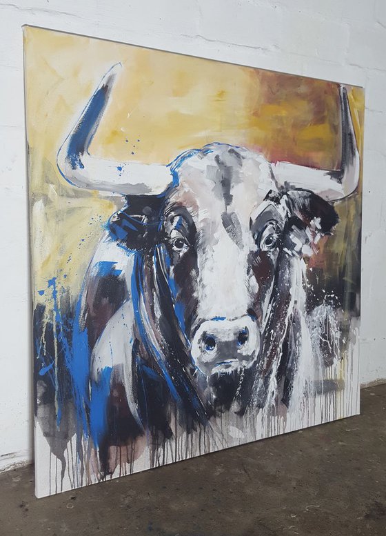 TAURUS #3 – Close up portrait of a bull **large Painting 100 x 100 cm