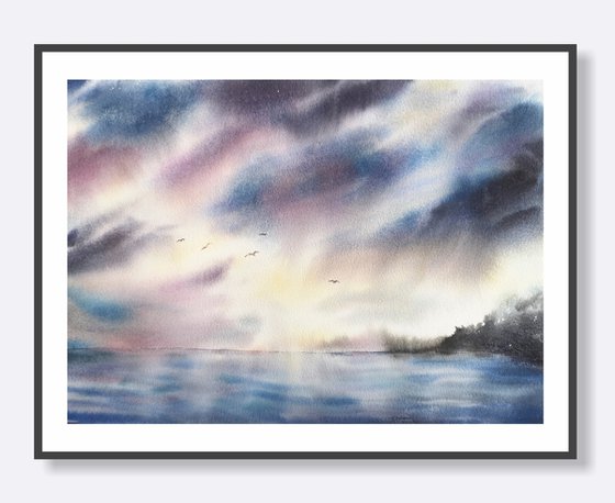 Seascape, thunder sky, clouds, sea, landscape watercolor painting