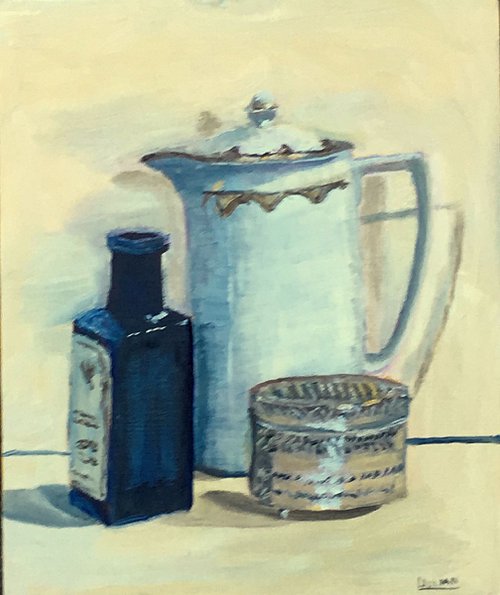 Still life oil painting of a White jug, an antique silver pot and a medicine bottle! by Julian Lovegrove Art