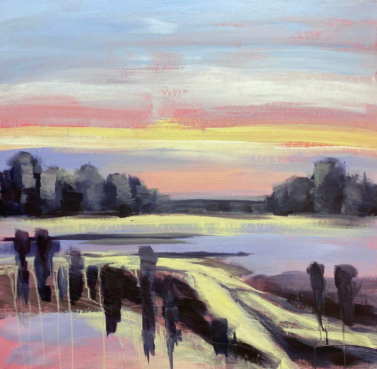 Impressionistic Landscape Acrylic Painting By Helen Mount, 35 X 35, Embrace Of The Sky, Original Artwork