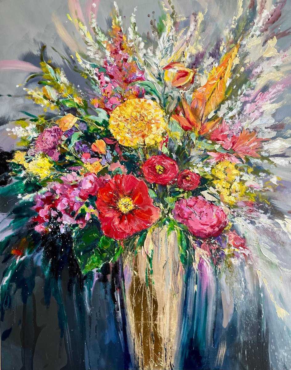 Flowers In Gold Vase by Ewa Czarniecka