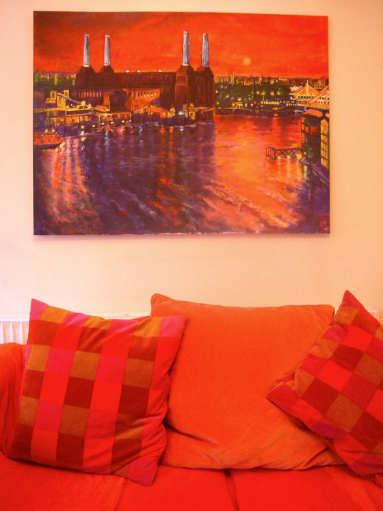 Red sunset behind Battersea Power Station large painting