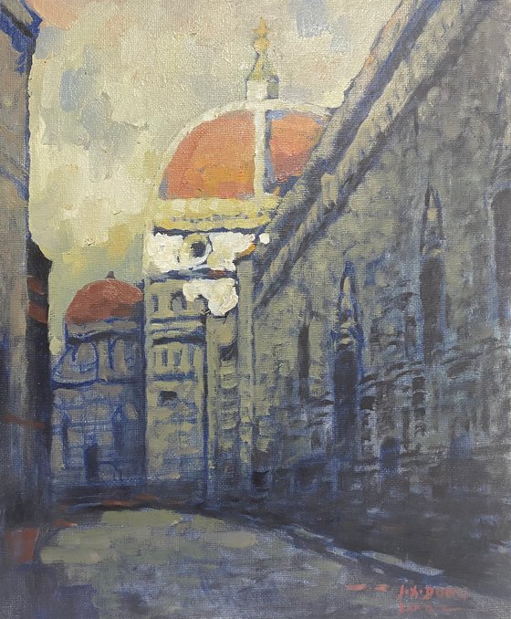 Original Oil Painting Wall Art Artwork Signed Hand Made Jixiang Dong Canvas 25cm × 30cm Cathedral Florence small building Impressionism