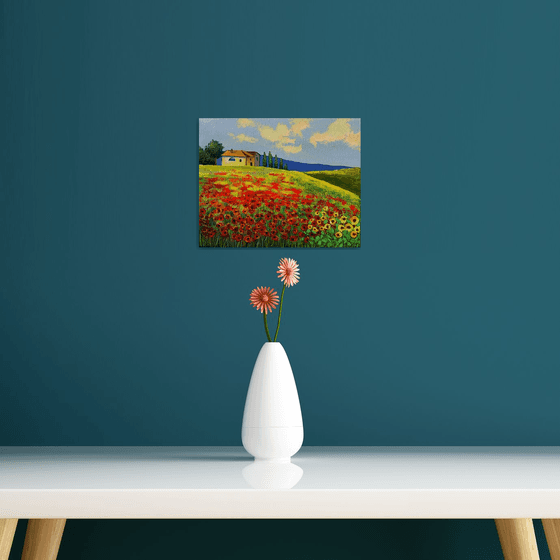 Tuscan landscape! Red poppy and sunflowers field! Ready to hang