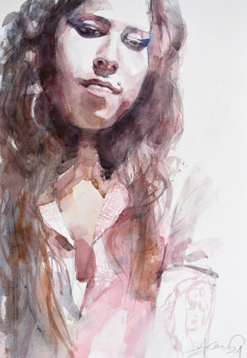 Expressive Portrait Watercolour By Goran Zigolic Watercolors, 14 X 20, Amy,Amy,Amy!, Original Artwork