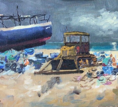 Fishing boats on the beach, oil painting by Julian Lovegrove Art